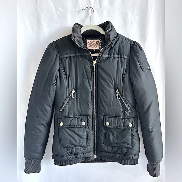 Juicy Couture Black Quilted Puffer Jacket with fur hood - Picture 1 of 6